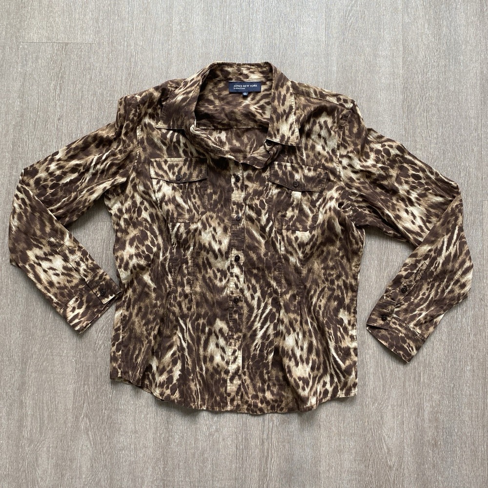 Y2K Jones New York Leopard Print Long Sleeve Button Up Size Large Cherrygirl - Picture 3 of 8